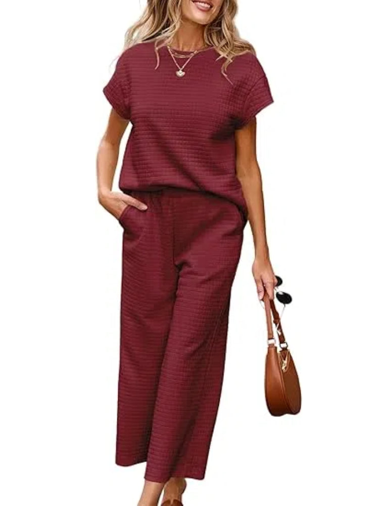 Ensemble détente texturé deux pièces avec pantalon à jambes larges