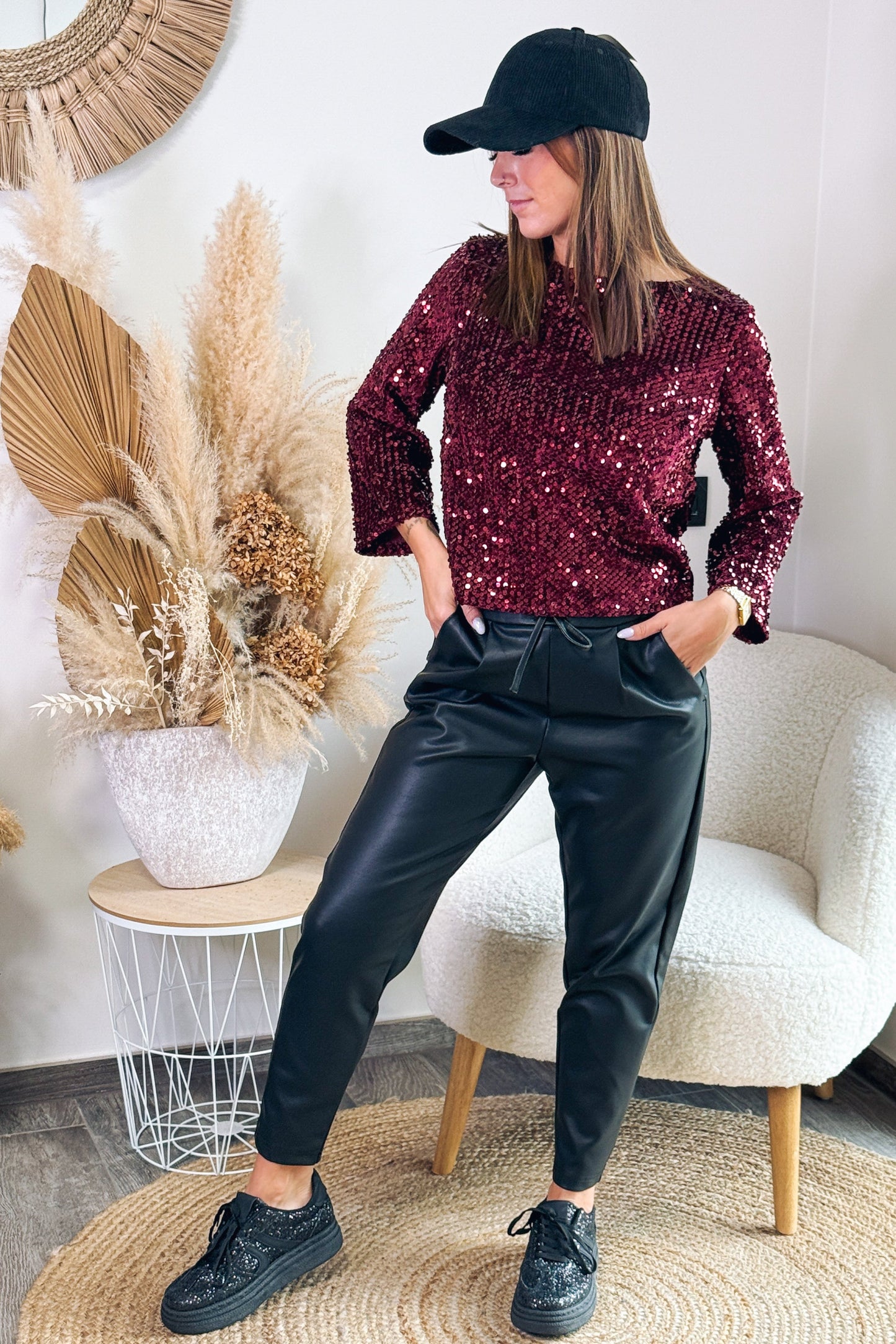 Top Manches Longues Merlina Bordeaux à Sequins