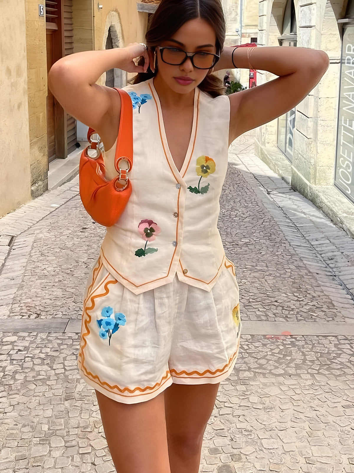 Ensemble Sans Manches Fleuri avec Gilet et Short Femme