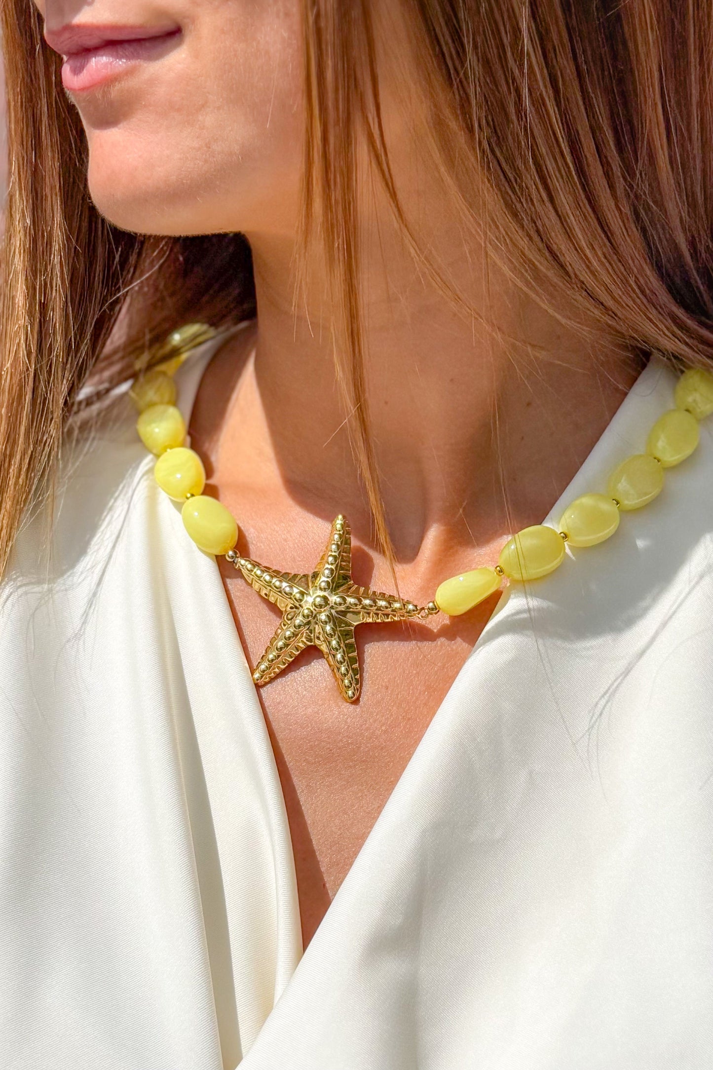Collier Grosses Perles Etoile De Mer Jaune