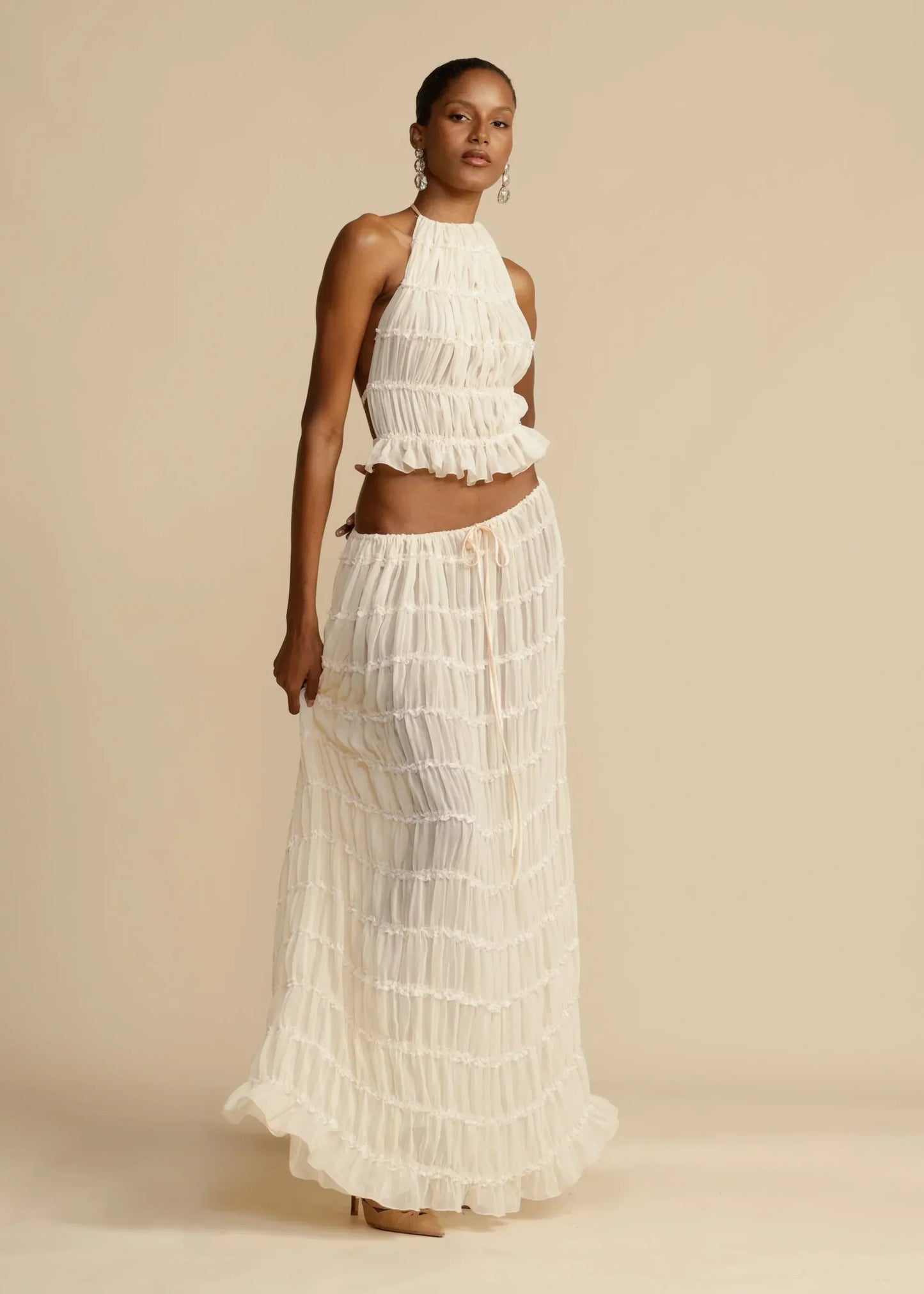 Ensemble de 2 pièces d'été pour femme, haut court sans dos et jupe longue en tulle à volants