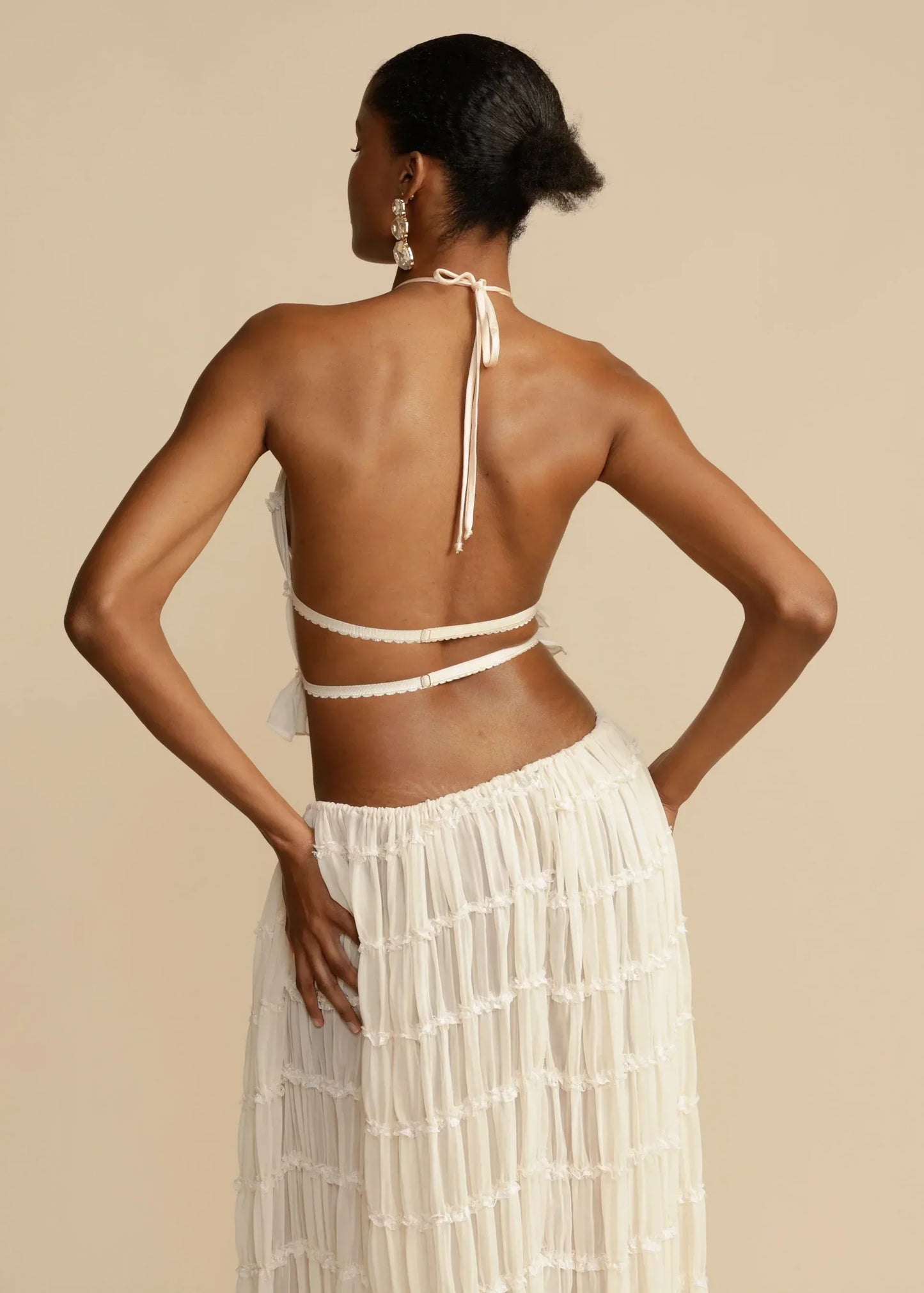 Ensemble de 2 pièces d'été pour femme, haut court sans dos et jupe longue en tulle à volants