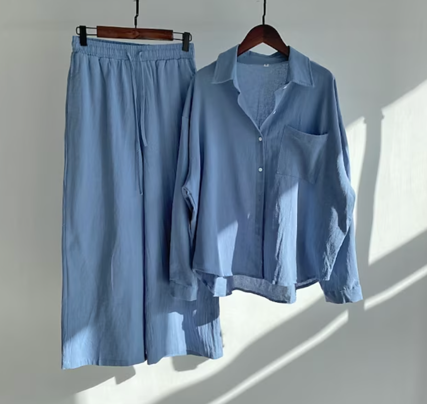 Ensemble décontracté de blouse en lin et de pantalon à jambes larges