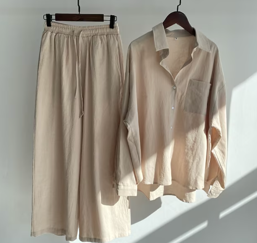 Ensemble décontracté de blouse en lin et de pantalon à jambes larges