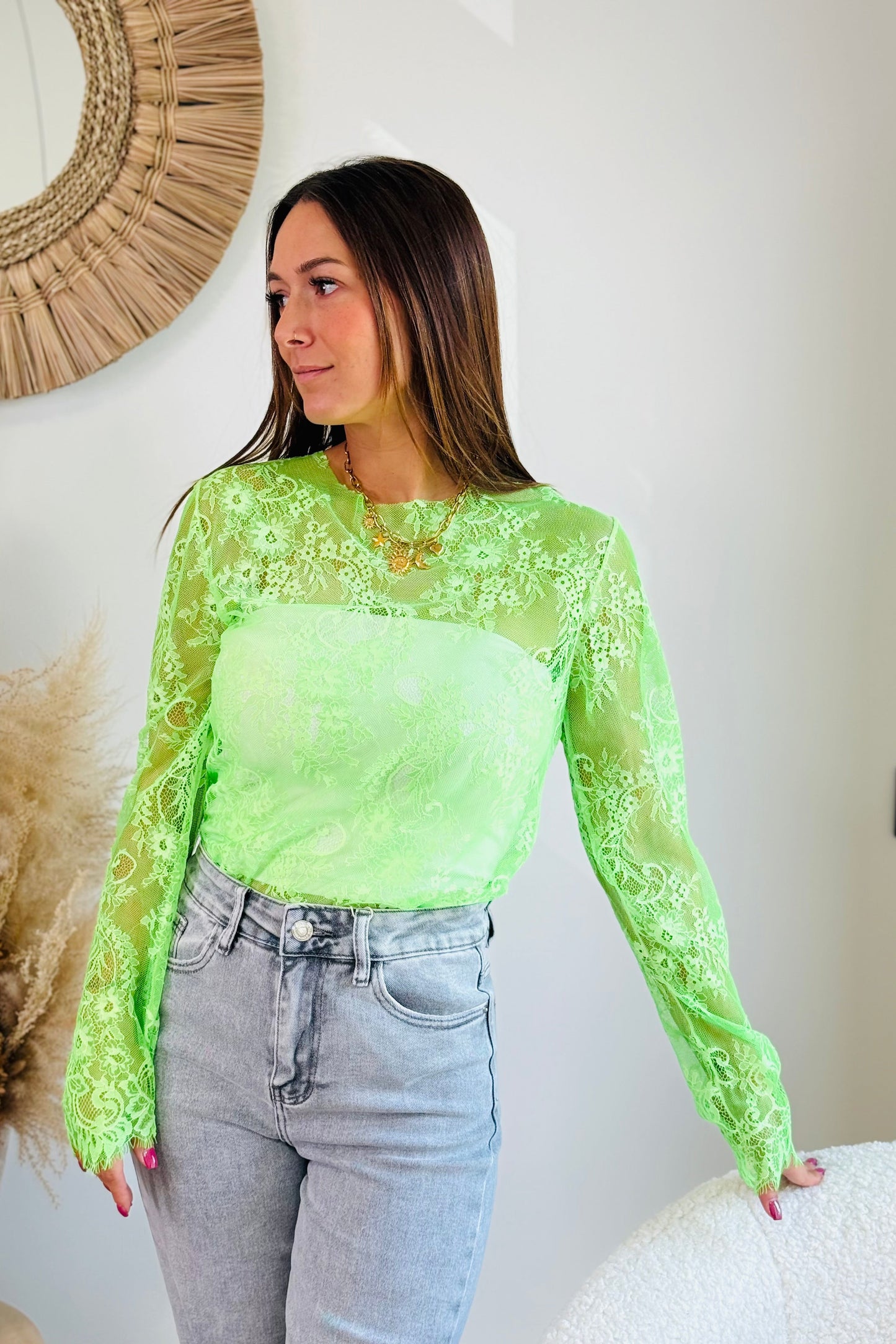 Top Dentelle Manches Longues Brida Vert Fluo