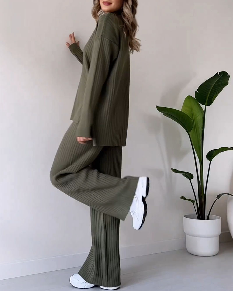 Ensemble Chic Ample en Tricot Côtelé Col Roulé Pantalon Femme