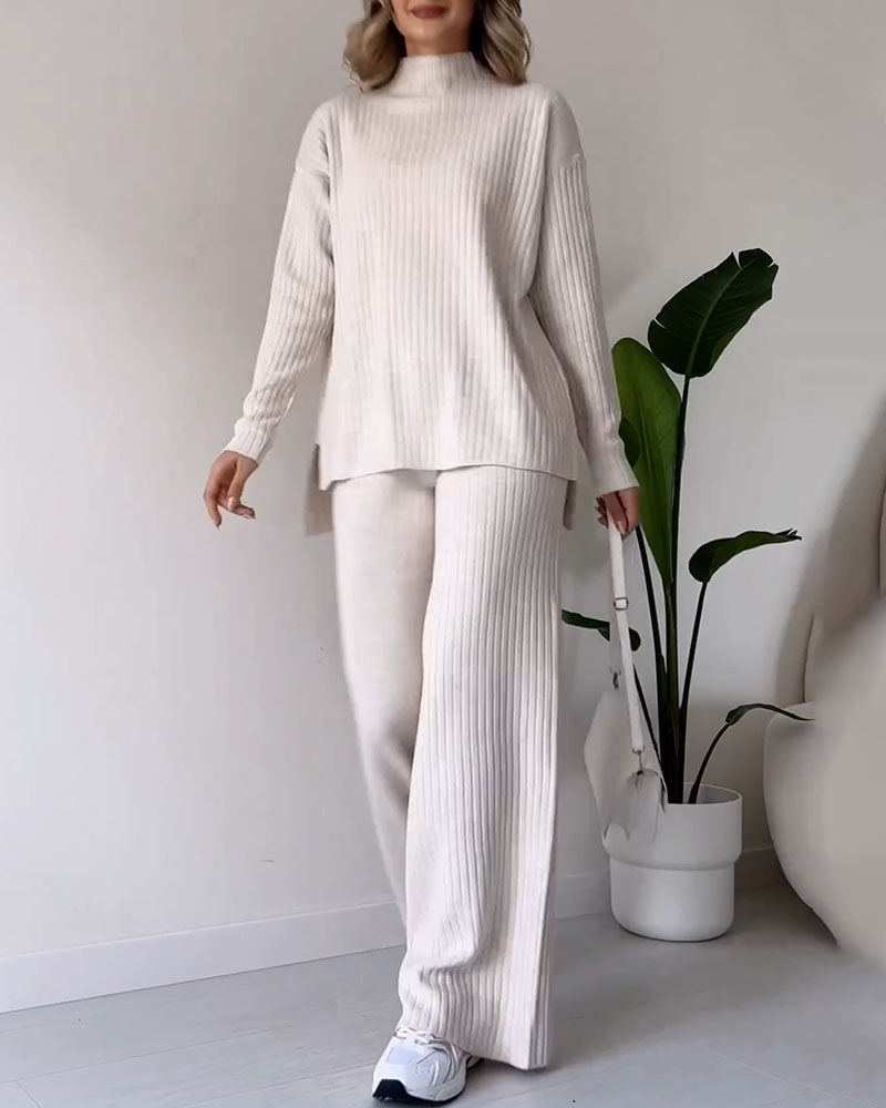 Ensemble Chic Ample en Tricot Côtelé Col Roulé Pantalon Femme