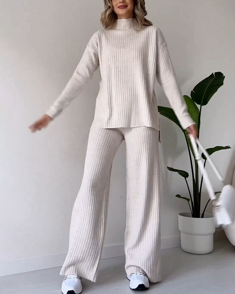 Ensemble Chic Ample en Tricot Côtelé Col Roulé Pantalon Femme