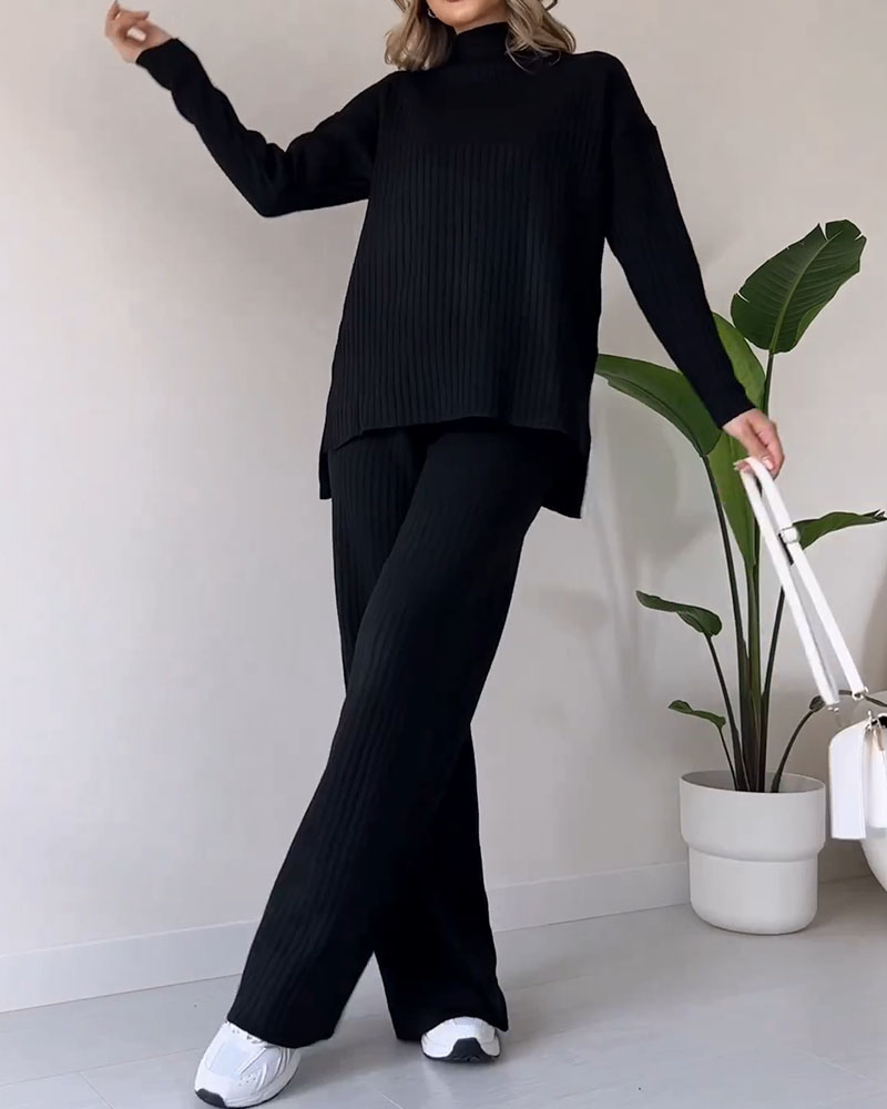 Ensemble Chic Ample en Tricot Côtelé Col Roulé Pantalon Femme