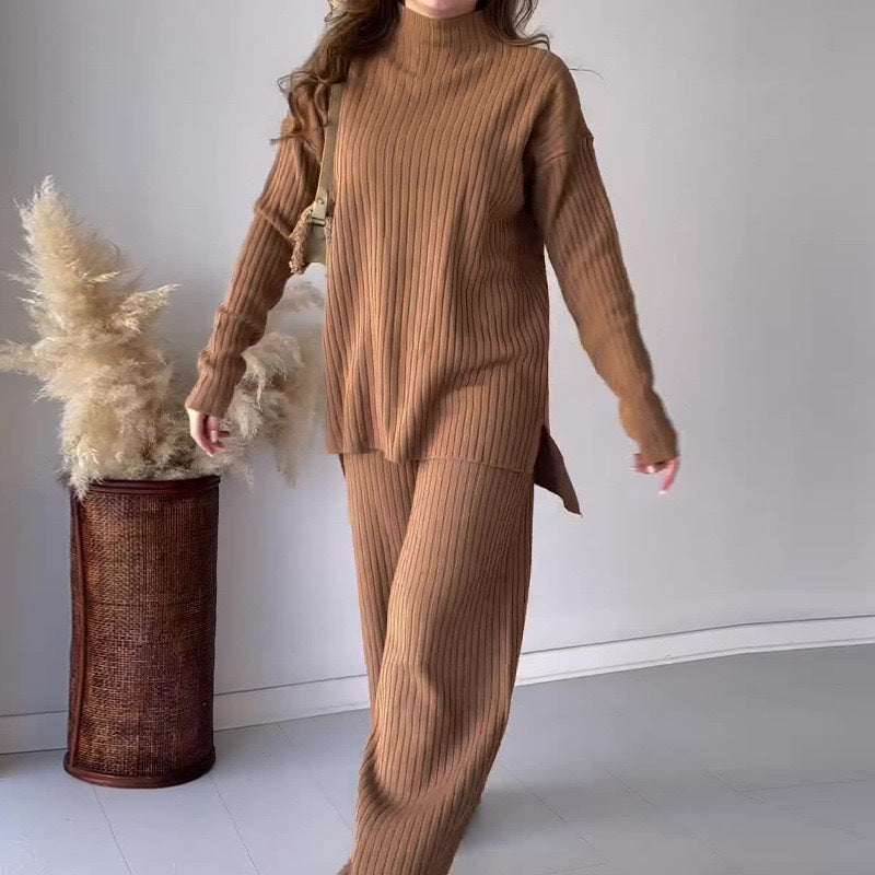 Ensemble Chic Ample en Tricot Côtelé Col Roulé Pantalon Femme