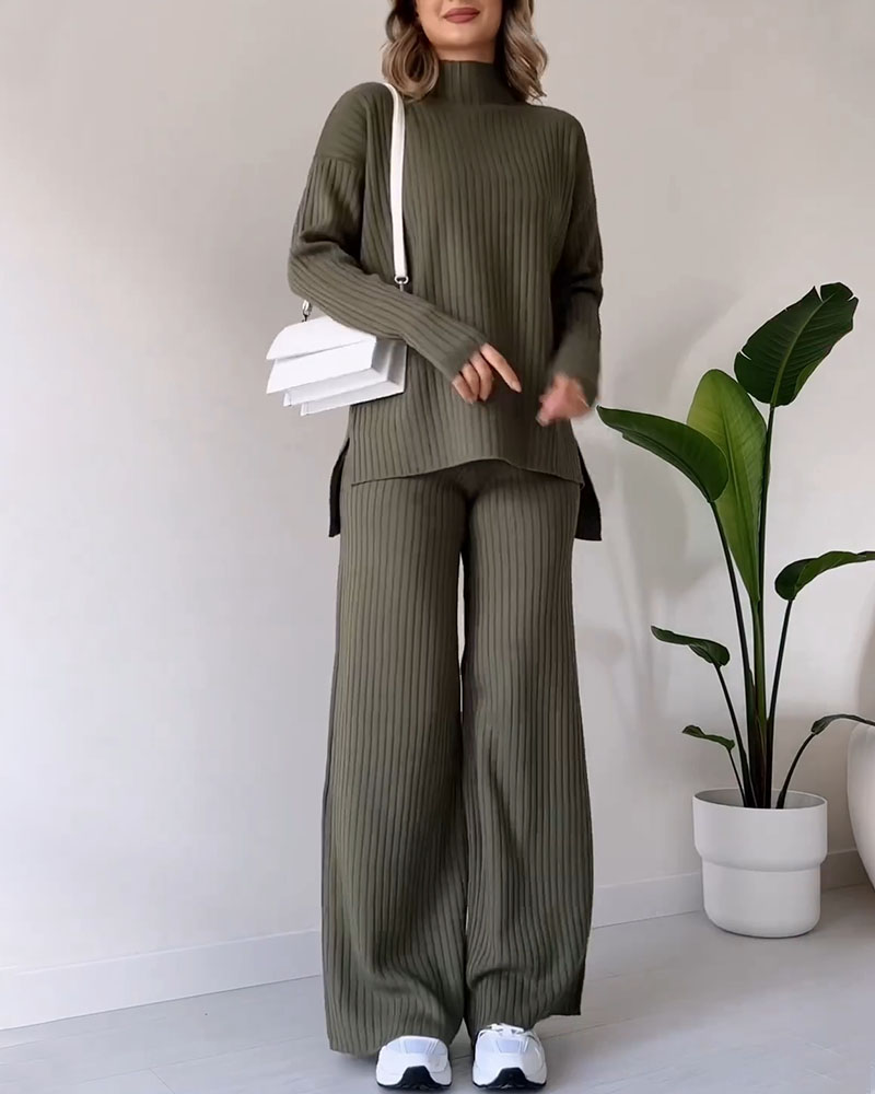 Ensemble Chic Ample en Tricot Côtelé Col Roulé Pantalon Femme