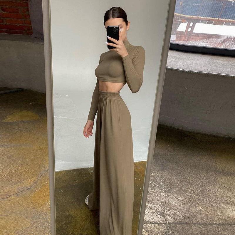 Ensemble Lounge Haut Cropped à Manches Longues et Pantalon Maxi Pour Femme