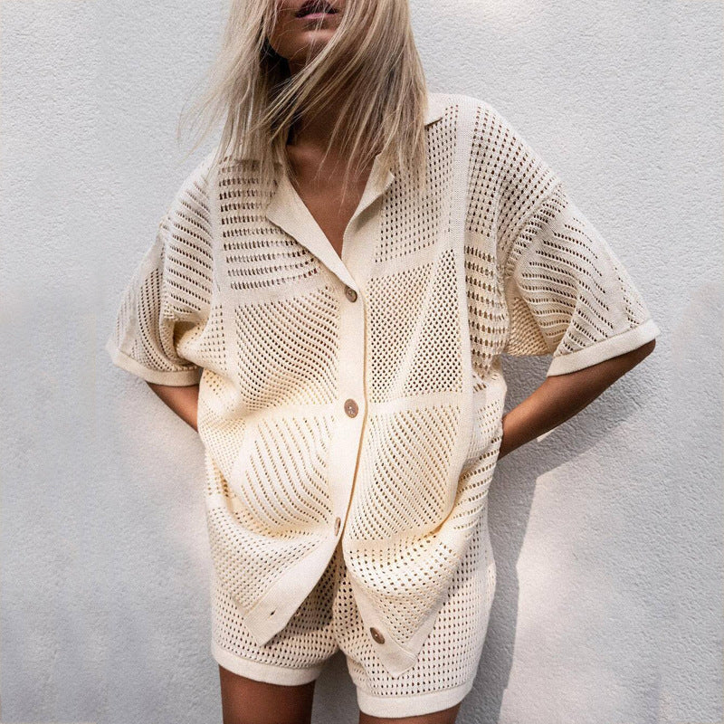 Ensemble Tricoté Ample avec Chemise et Short pour Femme