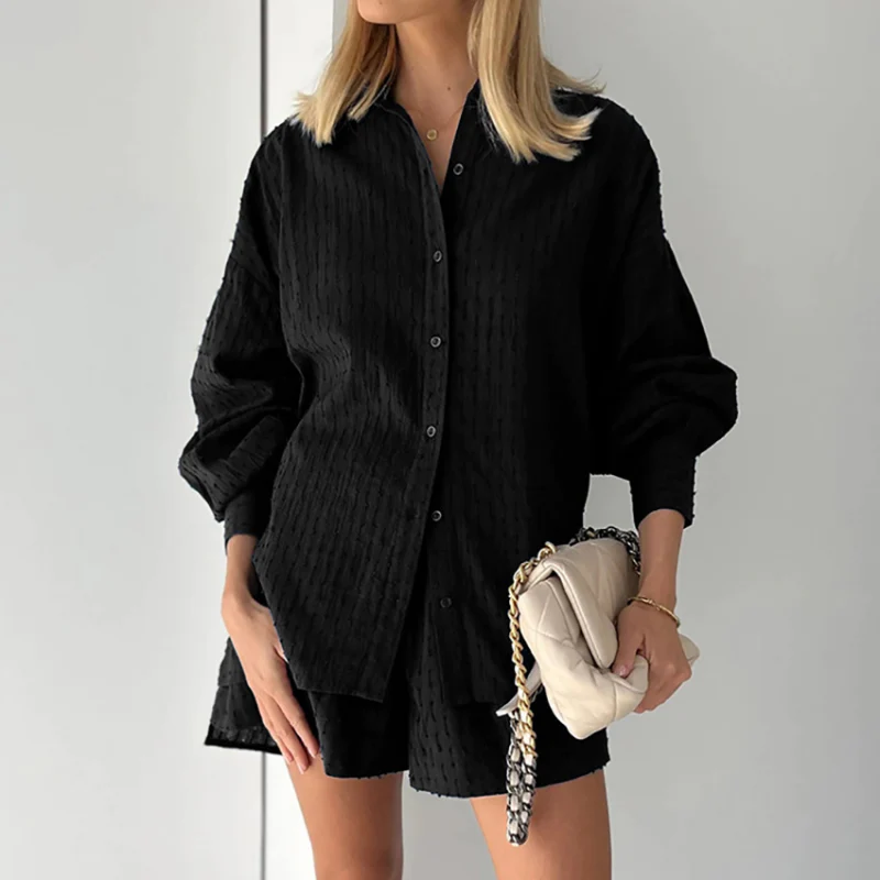 Ensemble Chemise à Manches Longues et Shorts Ample pour Femmes