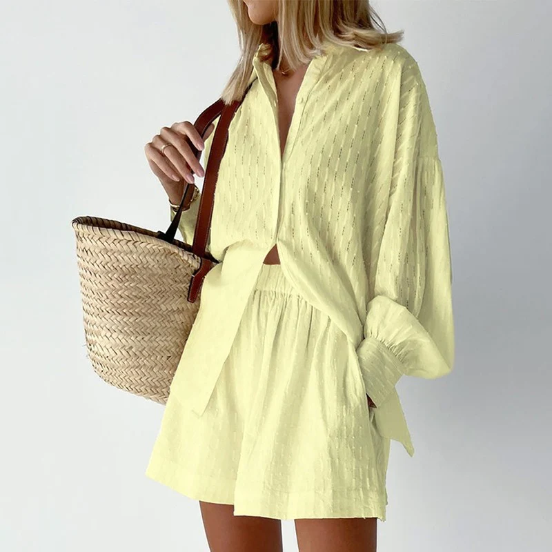 Ensemble Chemise à Manches Longues et Shorts Ample pour Femmes