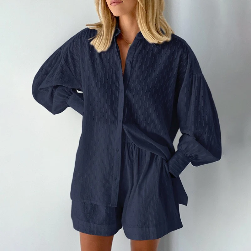 Ensemble Chemise à Manches Longues et Shorts Ample pour Femmes