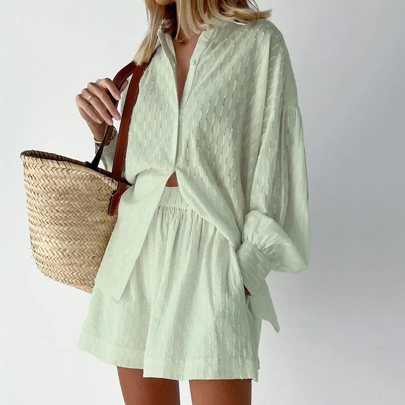 Ensemble Chemise à Manches Longues et Shorts Ample pour Femmes