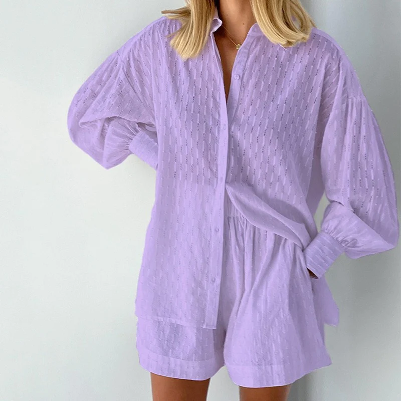 Ensemble Chemise à Manches Longues et Shorts Ample pour Femmes