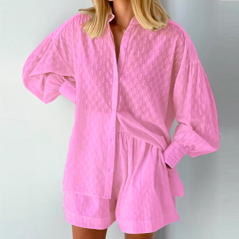 Ensemble Chemise à Manches Longues et Shorts Ample pour Femmes