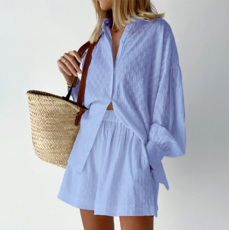 Ensemble Chemise à Manches Longues et Shorts Ample pour Femmes