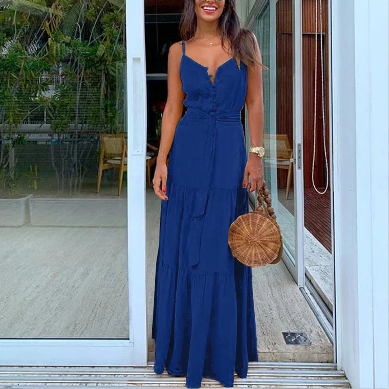 Robe Sans Manches À Col En V Mi Boutonnée Chic Pour Femme