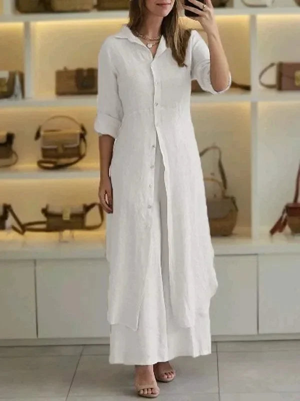 Bresina™ - Ensemble en lin élégant robe chemise longue et pantalon fluide