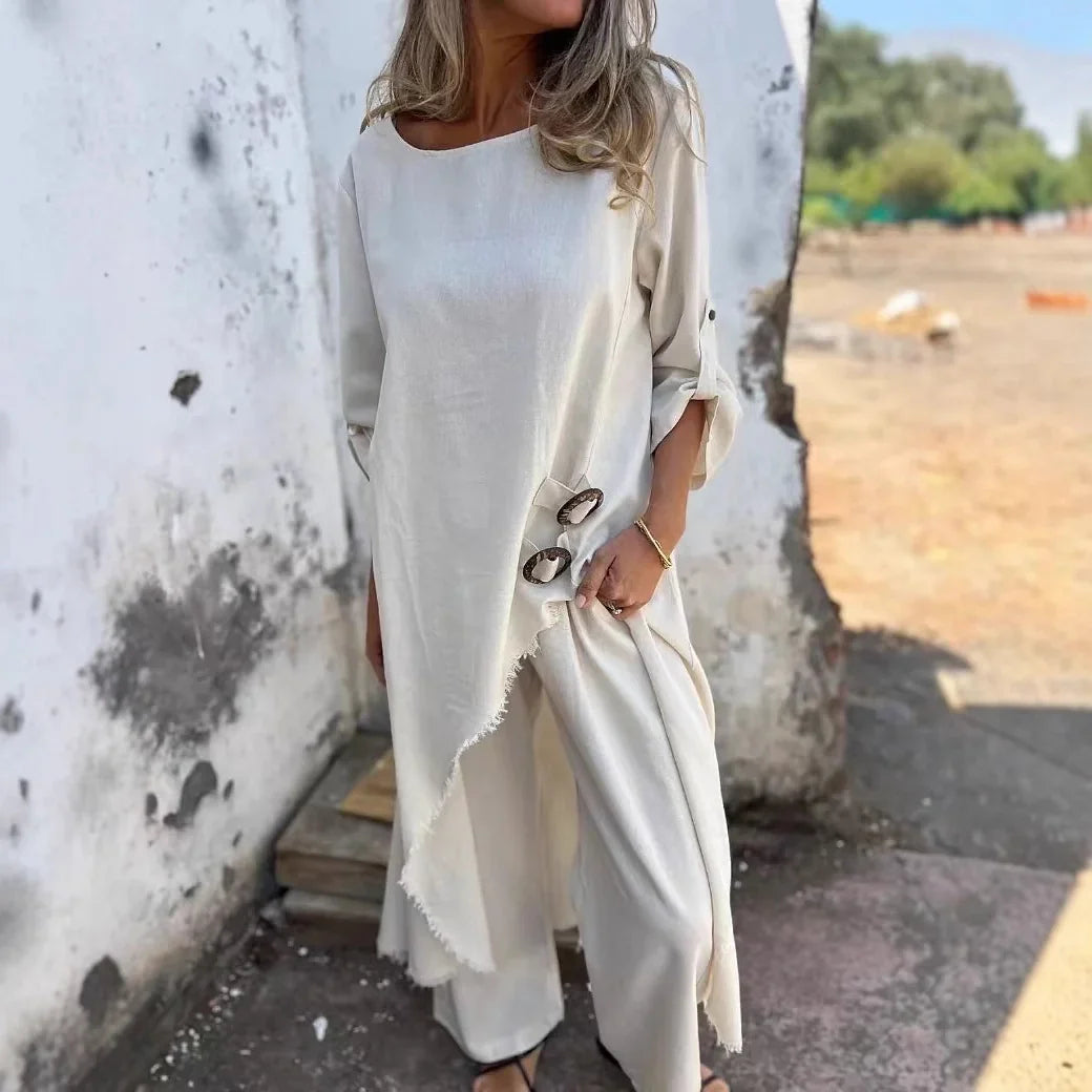 Ensemble Deux Pièces Pantalon à Manches Longues avec Boutons et Pampilles Chic