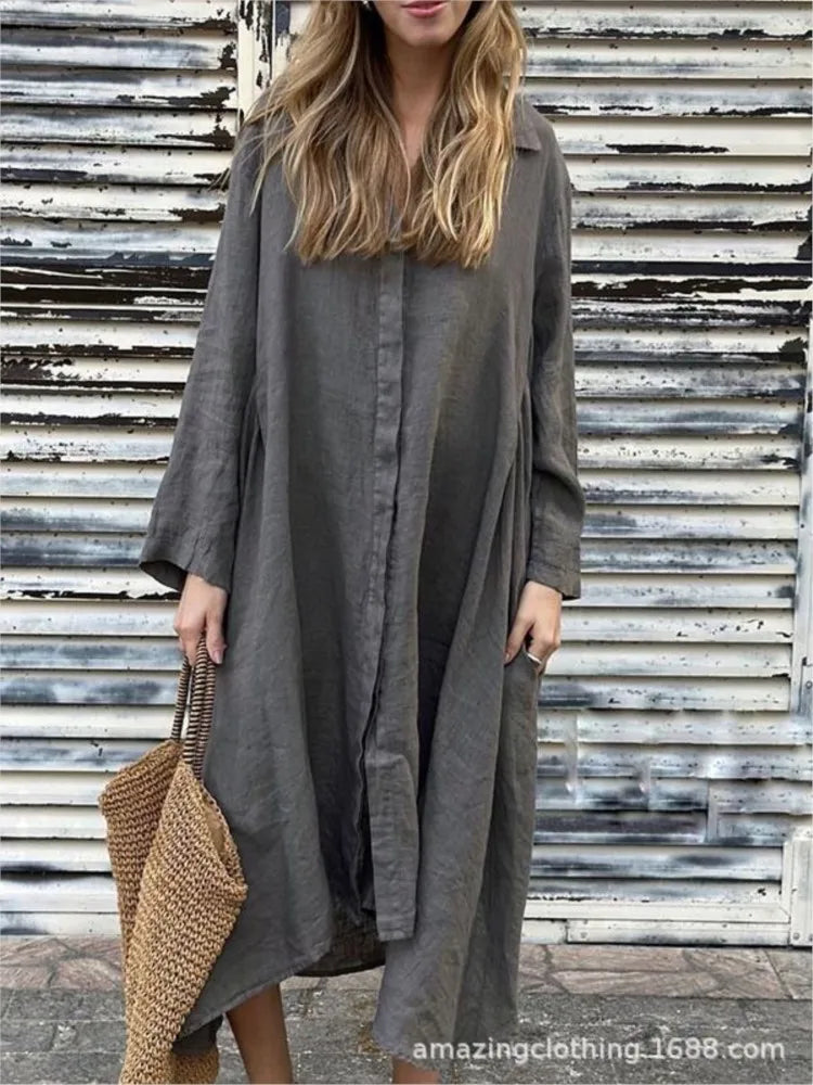 Robe Chemise Ample à Manches Longues en Chanvre et Coton 2025