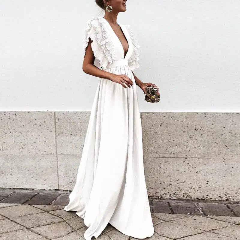 Robe Longue Col V Ouvert Manches Superposées Femme
