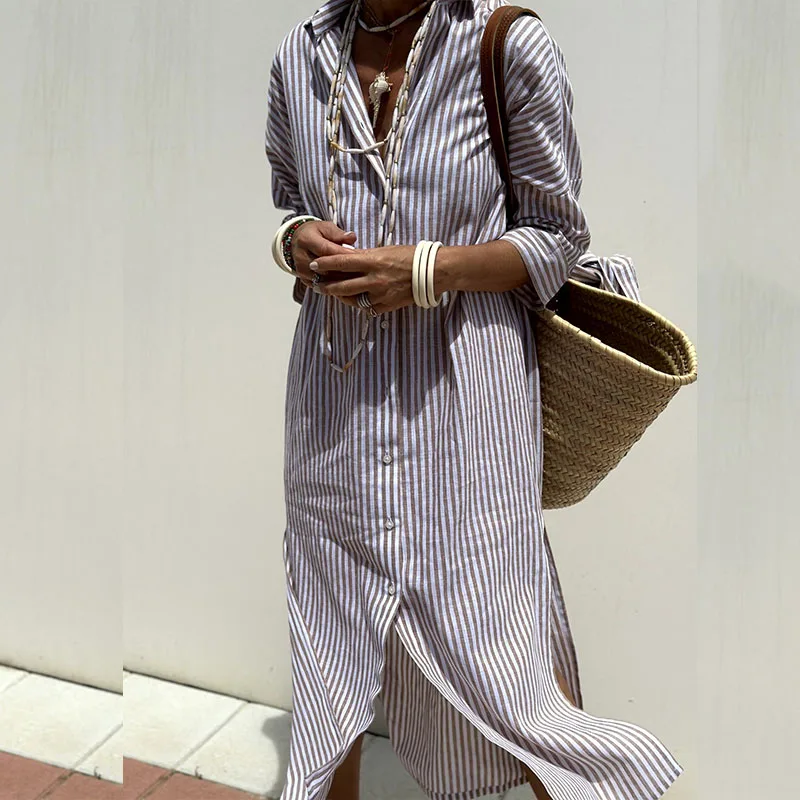 Robe Chemise Rayée Boutonnée Élégante Pour Femme
