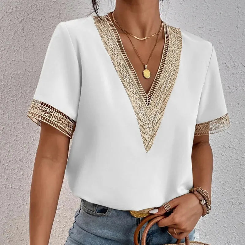 Blouse femme en dentelle et chiffon, encolure V, élégante pour bureau et brunch
