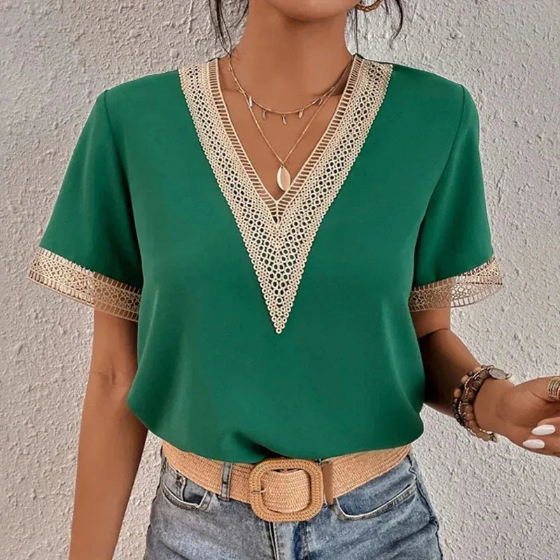 Blouse femme en dentelle et chiffon, encolure V, élégante pour bureau et brunch