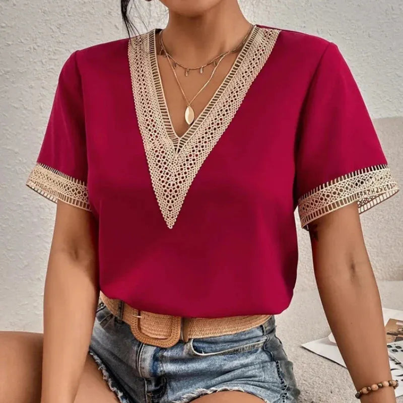 Blouse femme en dentelle et chiffon, encolure V, élégante pour bureau et brunch