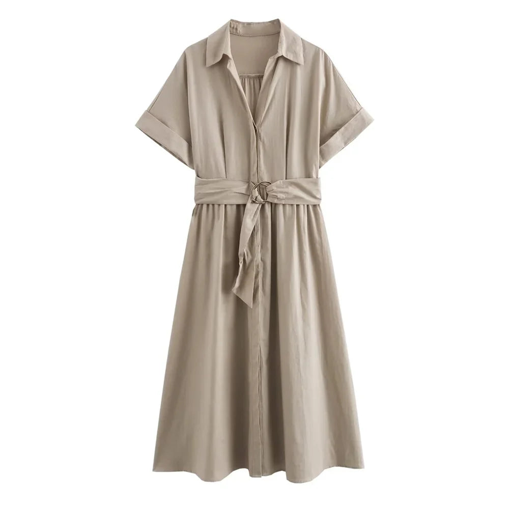 Élodie Lavin® | Robe midi en mélange de lin à col en V