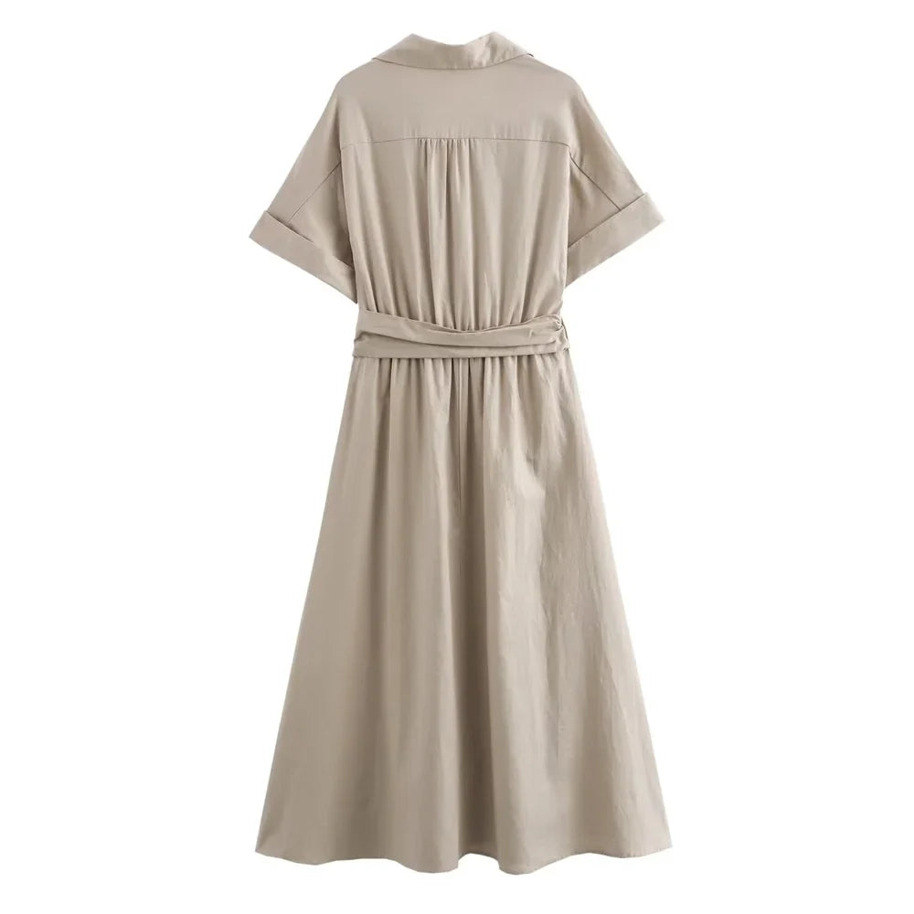 Élodie Lavin® | Robe midi en mélange de lin à col en V