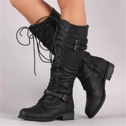 Bottes en Cuir Vintage à Lacets Plats pour Femme Jusqu'aux Genoux