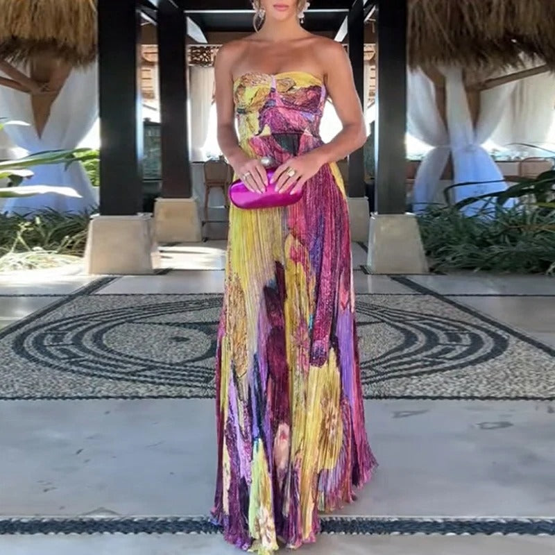 Robe Maxi Fleurie avec Encolure en Cœur et Détails Plissés