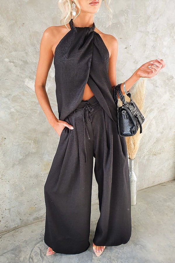 Ensemble haut fendu devant en mélange de lin avec pantalon large