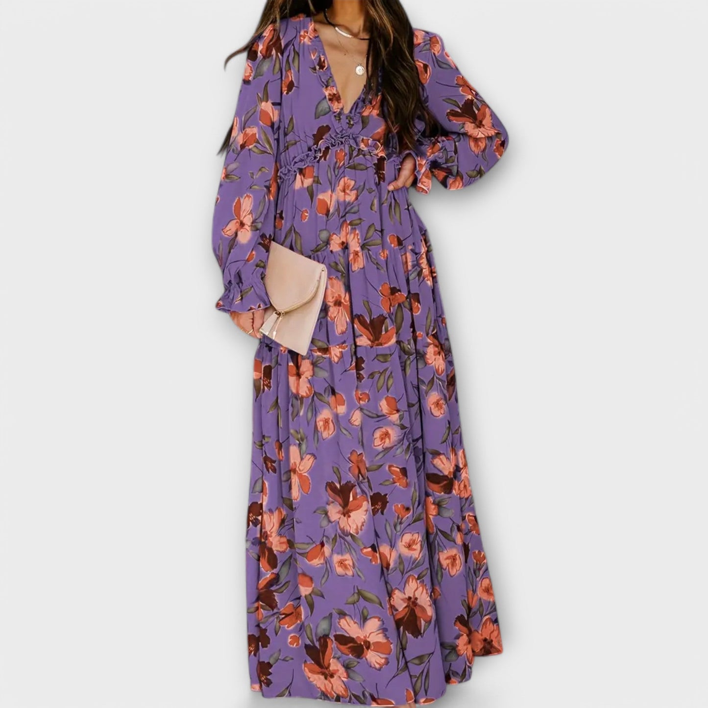 Solène™ | Long Floral Dress with Long Sleeves