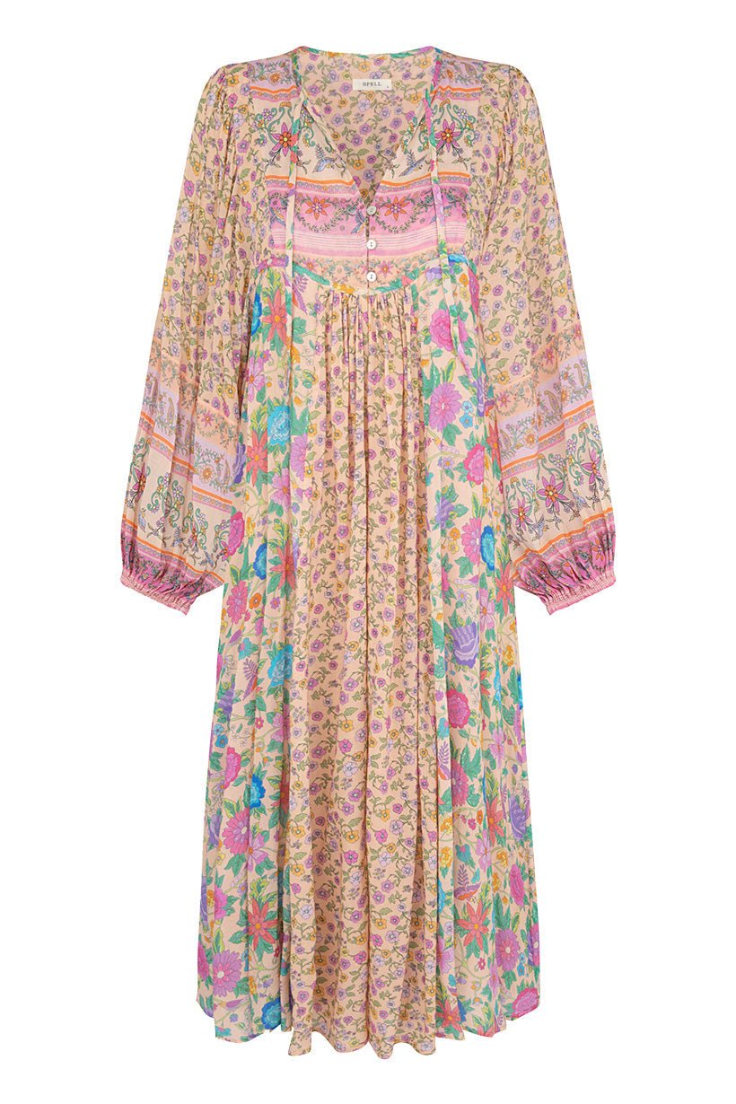 Pauline Laurent® | Robe midi paysanne Milba avec imprimé Aditi-Splice