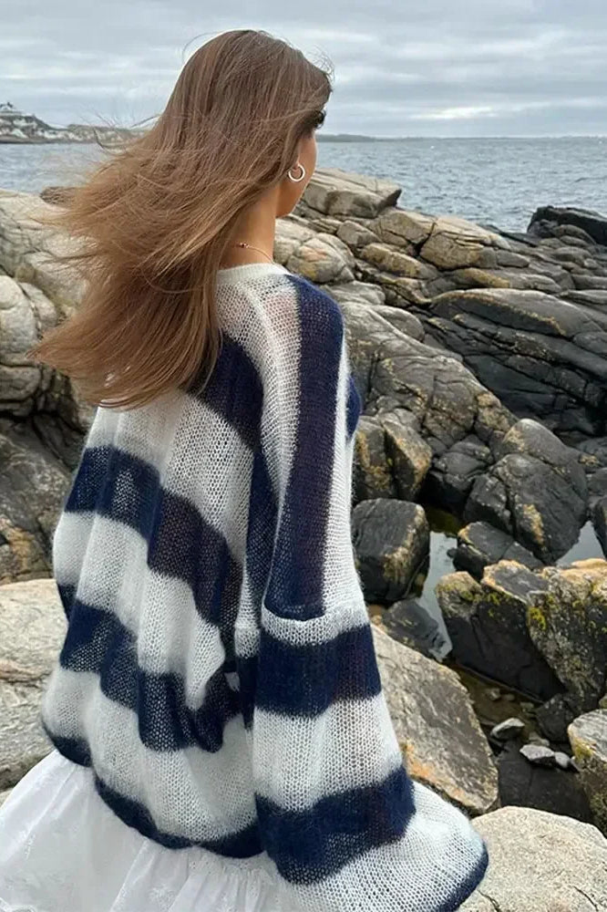 Cardigan Ouvert en Maille à Rayures Confortable avec Col V