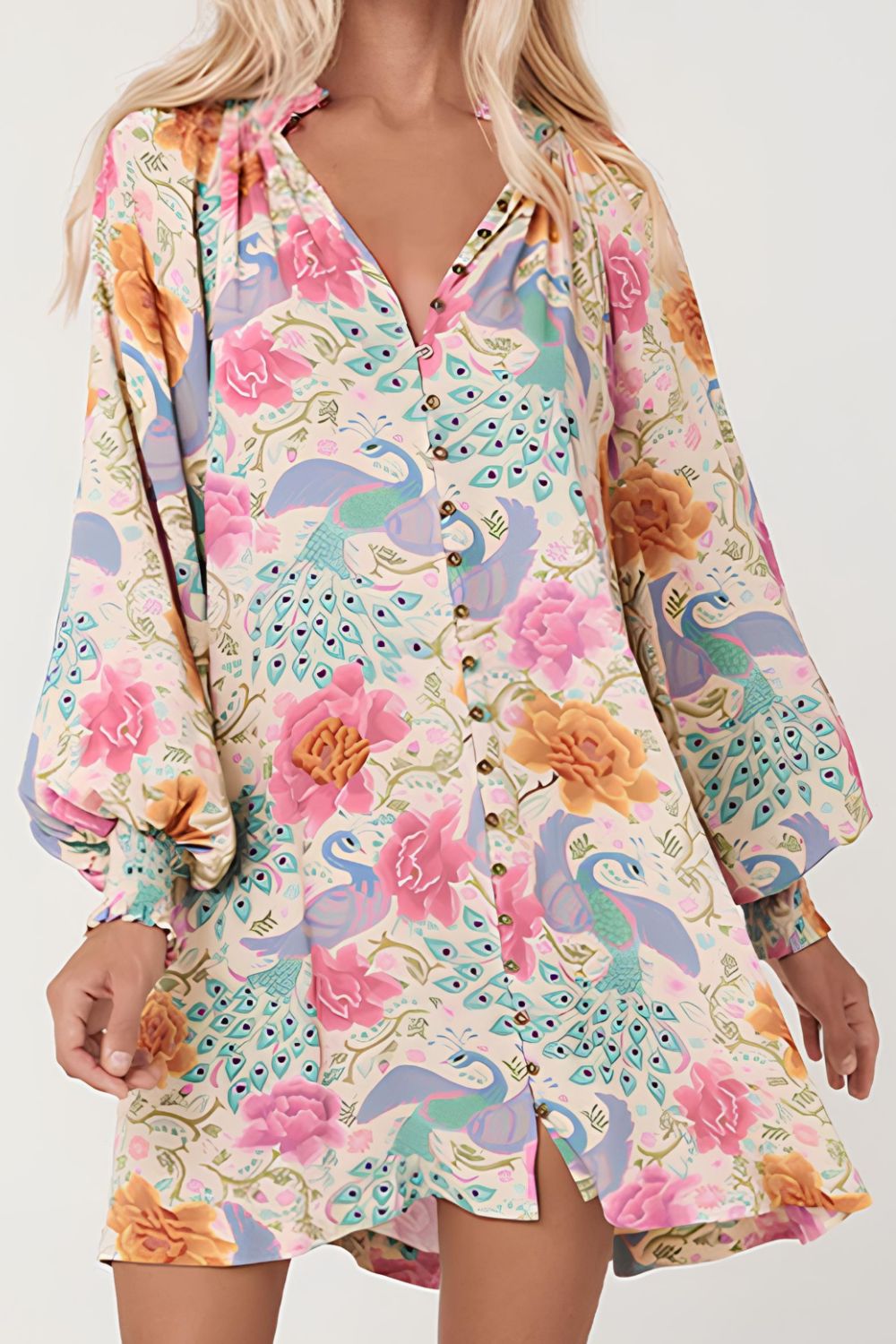 Sophie Paris® | Robe à col cranté imprimée avec manches lanterne