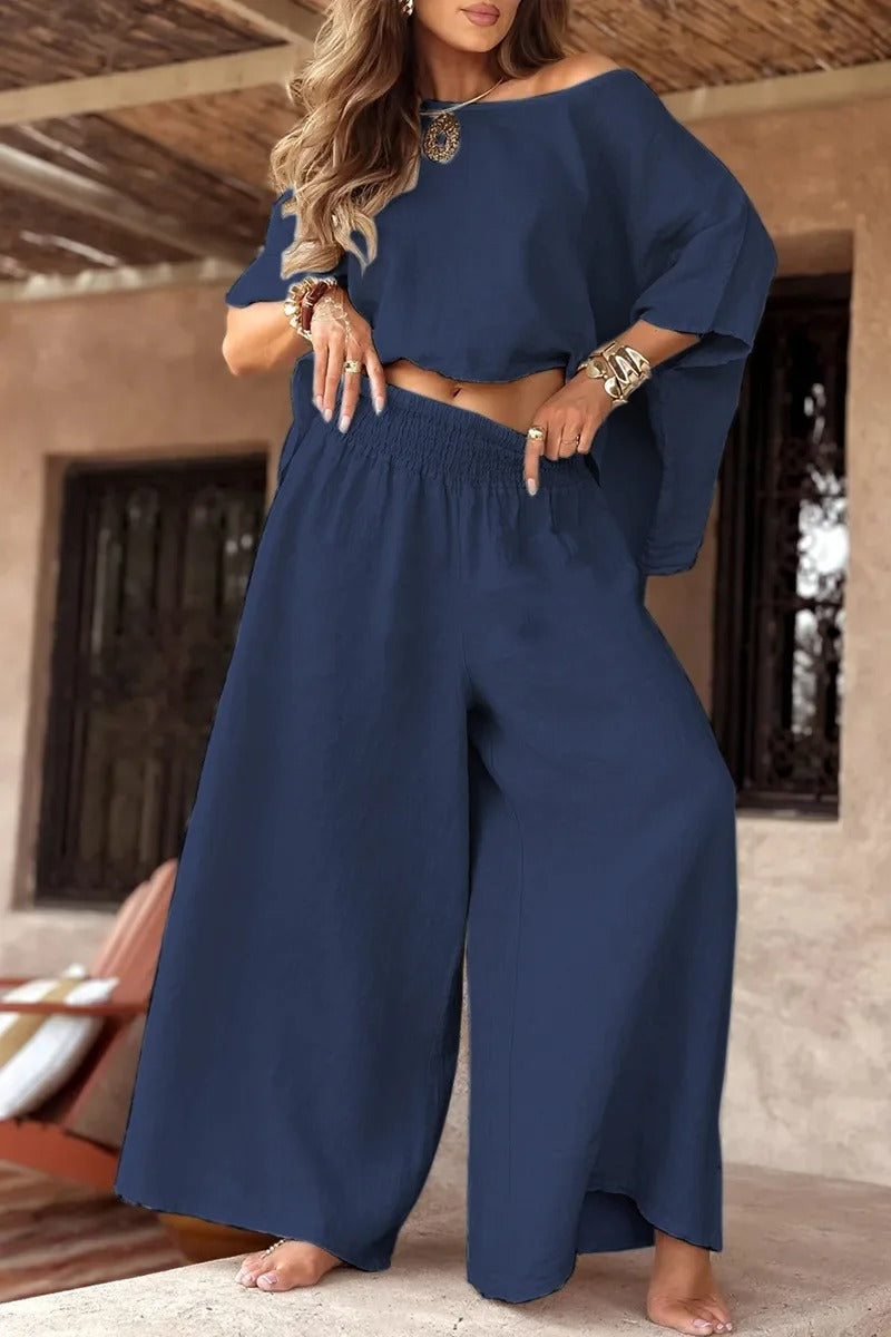 Ensemble deux pièces épaules dénudées avec pantalon à jambes larges