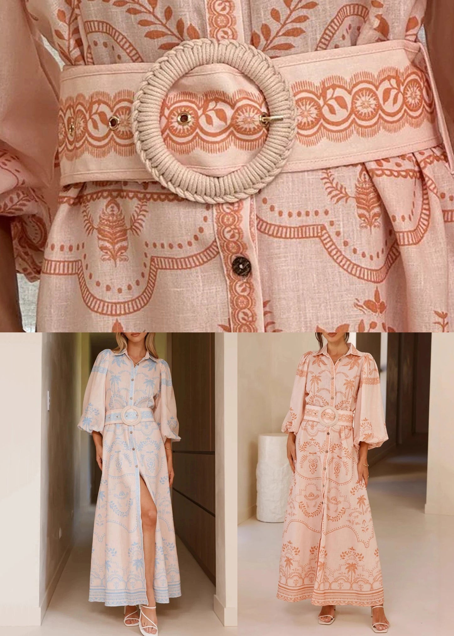 Sophie Paris® I Robe chemise en lin imprimé rose avec manches ballon et ceinture à nouer