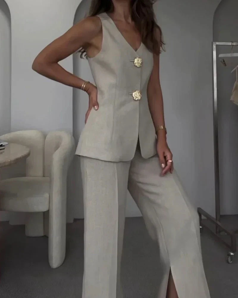 Ensemble Sophistiqué Gilet Et Pantalon Évasé Femme Pour Événements