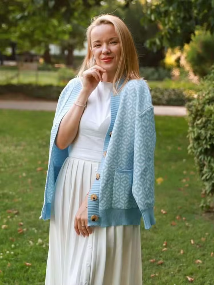 Cardigan Boutonné en Maille Géométrique Confortable