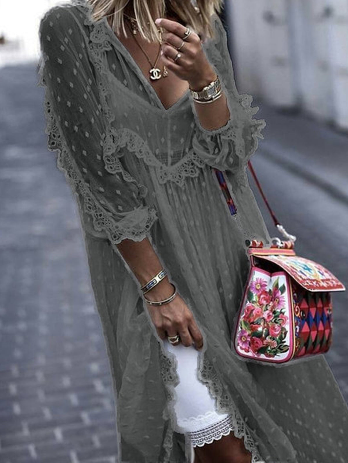 Sophie Paris® | Robe longue en jacquard à pois transparents manches longues