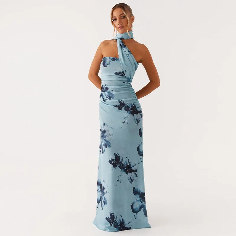 Élodie Lavin® | Robe Longue Asymétrique À Imprimé Fleuri Bleu