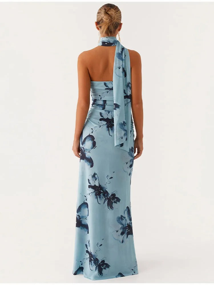 Élodie Lavin® | Robe Longue Asymétrique À Imprimé Fleuri Bleu