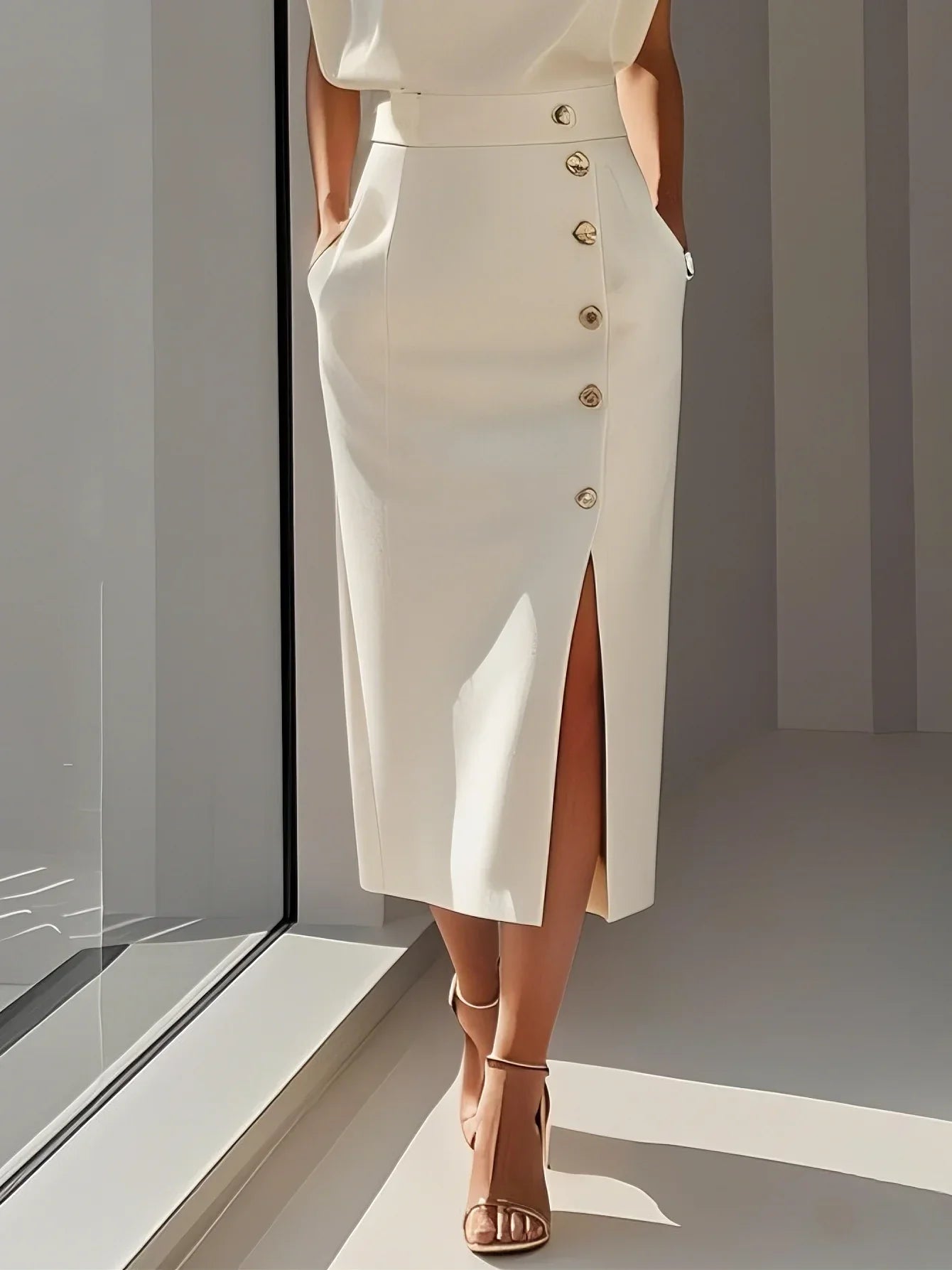 Floralia™ - Robe midi unie avec fente à boutons et décolleté rond